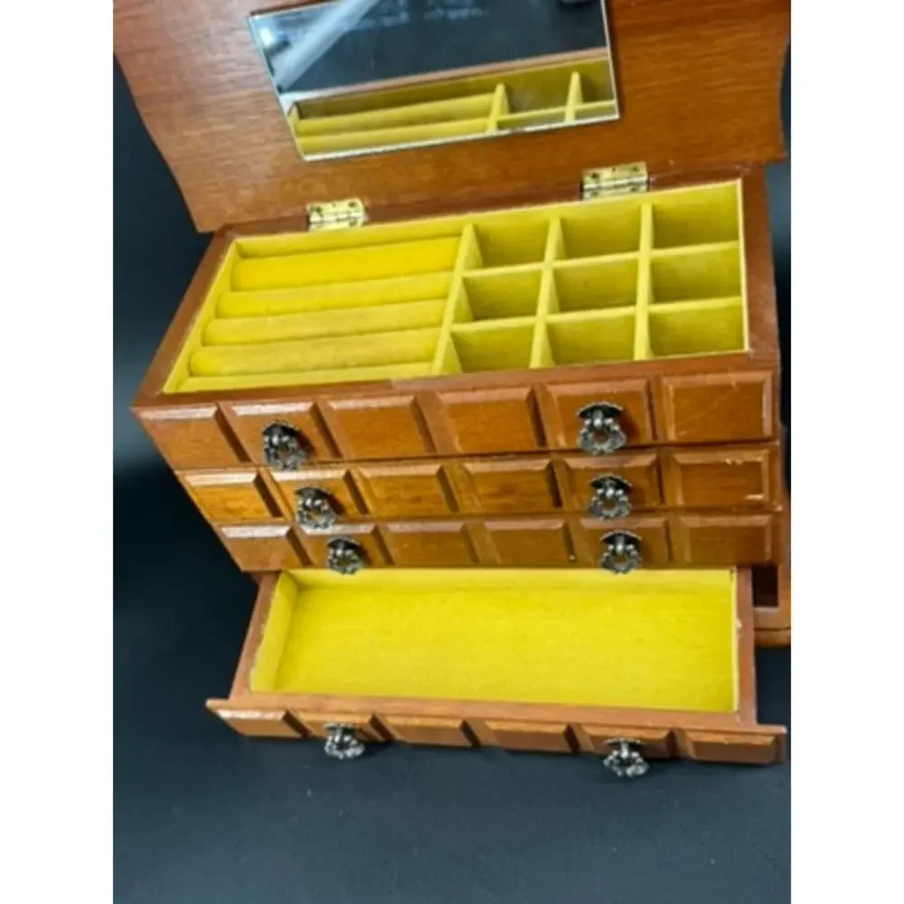 Vintage 1970s Centurion Wooden Musical Jewelry Box 3 Drawer Mirror Organizer